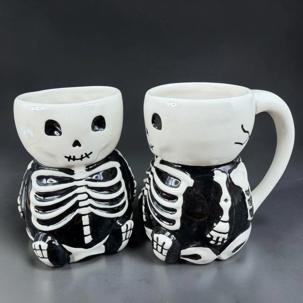 Pottery Barn Skeleton Mugs Set of 2 Black White Ceramic Halloween Coffee Cups